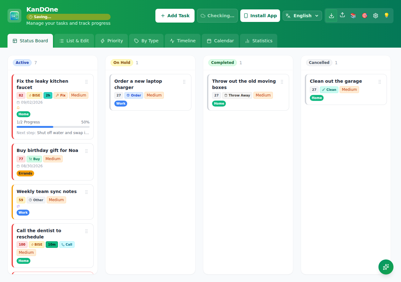 Kanban board showing a routine task with label, due time and reminder badges