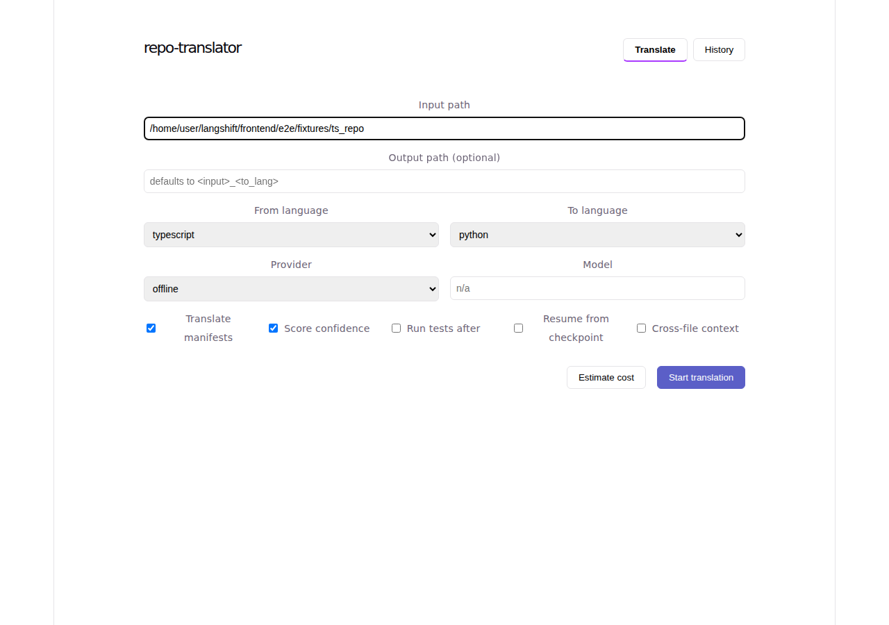 Translation form: source repository, source and target language, and provider selection