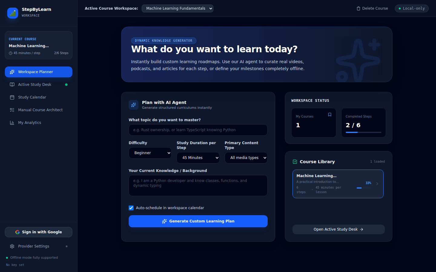 Workspace planner with the curriculum generation form and the library of built courses